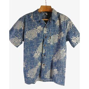 Palmwave Mens Blue Hawaiian Shirt Pineapple Size L Short Sleeve Aloha Beach